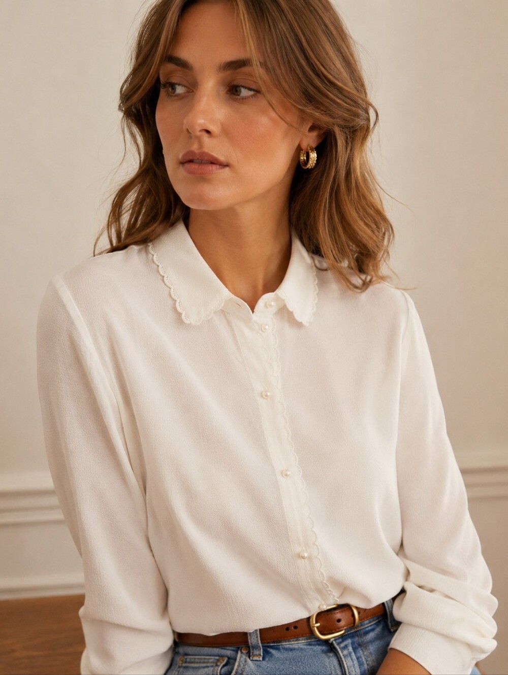 Y'COO Paris Scalloped Collar Blouse Size L